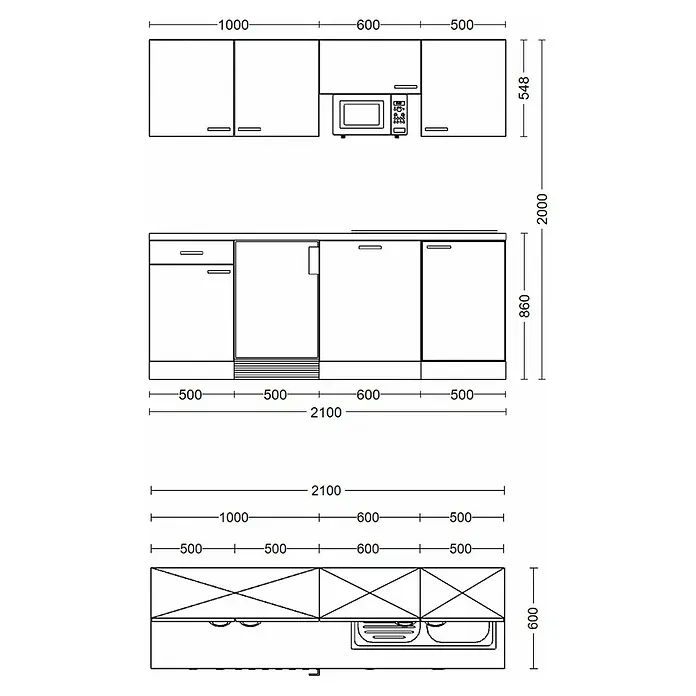Flex-Well Rom  Singleküche Typ 2 - Breite: 210 cm, Weiß, Mit Elektrogeräten - Technische Zeichnung einer Küchenzeile mit Ober- und Unterschränken, Geräten und Maßen.
