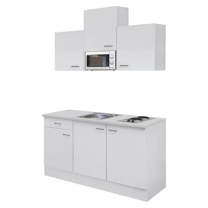 Flex-Well Wito Singleküche - Breite: 150 cm, Weiß, Mit 2 Platten-Kochfeld & Mikrowelle - Weiße Modulküche mit oberen Wandschränken und Mikrowelle, sowie unteren Unterschränken mit Spüle und Zweiflammenherd.