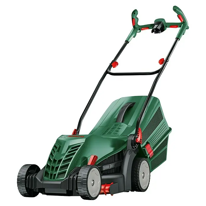 Bosch Elektro-Rasenmäher UniversalRotak 37-550 - 1.400 W, Schnittbreite: 370 mm - Grüner und schwarzer Bosch Elektrorasenmäher mit roten Akzenten und Fangkorb.