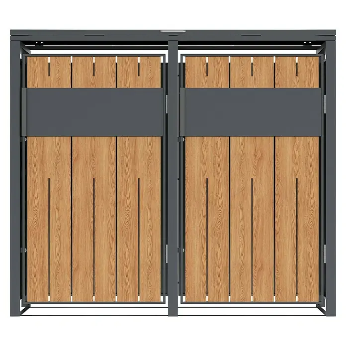 Westmann Mülltonnenbox Varius - Stahl, Anthrazit & Holzoptik, Geeignet für Anzahl Mülltonnen: 2 Stk. - Doppeltor mit dunkelgrauem Metallrahmen und hellbraunen Holzoptikpaneelen für einen Eingangsbereich.
