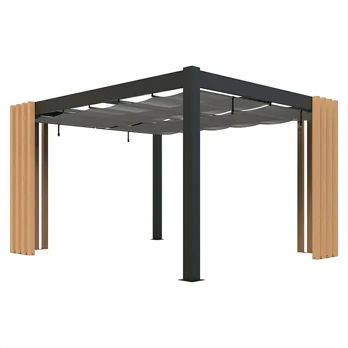 Sojag Pergola Lito 1012 - Schwarz, Grau, Metall, L x B x H: 378,5 x 302,3 x 234,5 cm - Moderne Pergola mit dunkelgrauem Metallrahmen, hellem Stoffdach und hellen Holzlatten-Seitenwänden.