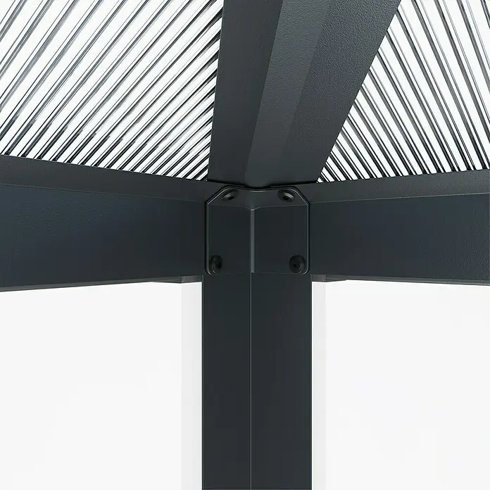 Westmann Gewächshaus Suprema M - Außenbreite inkl. Dachüberstand: 284 cm, Schwarz - Dunkelgraue Metall-Pergola-Ecke mit Lamellendach. Sichtbares Gelenk und strukturierte Oberfläche.