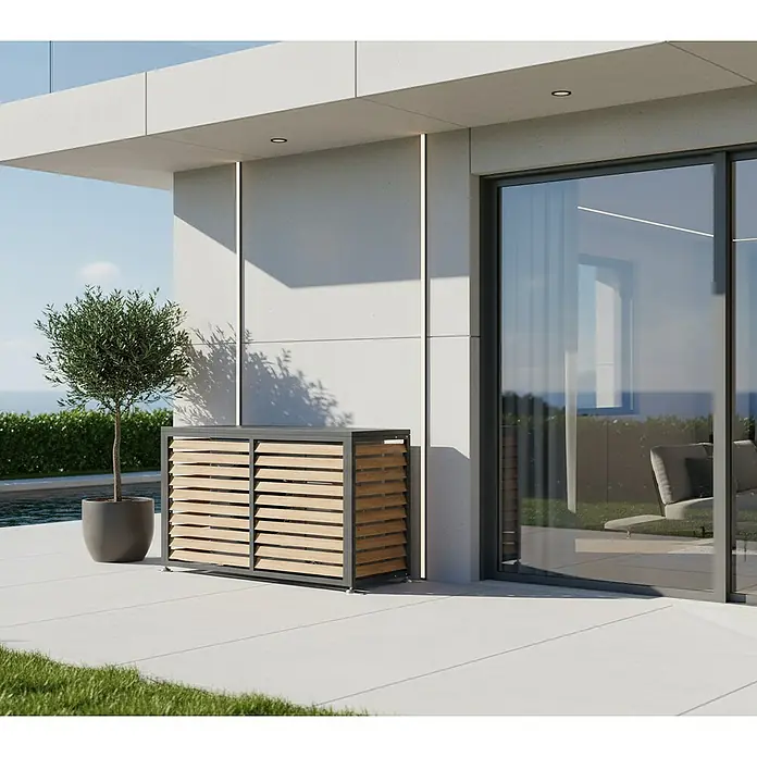 Westmann Verkleidung Boxa M - Ausführungseigenschaft: L 140 x B 56 x H 97 cm, Anthrazit mit Holzoptik - Stilvolle Außenverkleidung mit Holzlamellen und dunklem Metallrahmen auf moderner Terrasse, die Geräte diskret verbirgt.