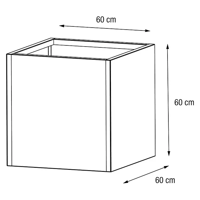 Herstera Garden Pflanzkasten Cube - Außenmaß (L x B x H): 60 x 60 x 60 cm, Metall, Anthrazit - Schema eines oben offenen würfelförmigen Schranks, 60x60x60 cm.