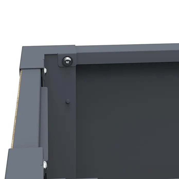 Westmann Pflanzkasten Talus XL - Außenmaß (L x B x H): 100 x 25 x 77 cm, Metall, Braun - Nahaufnahme einer grauen Metalleckverbindung mit einer silbernen Schraube und Sternantrieb, Holzunterstützung sichtbar.
