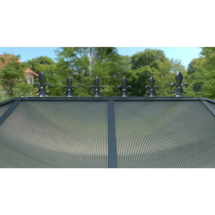 Westmann Gewächshaus Suprema M - Außenbreite inkl. Dachüberstand: 284 cm, Schwarz - Dunkelgraues Wintergartendach mit dekorativen Fleur-de-lis-Fleurons und strukturierten Paneelen.
