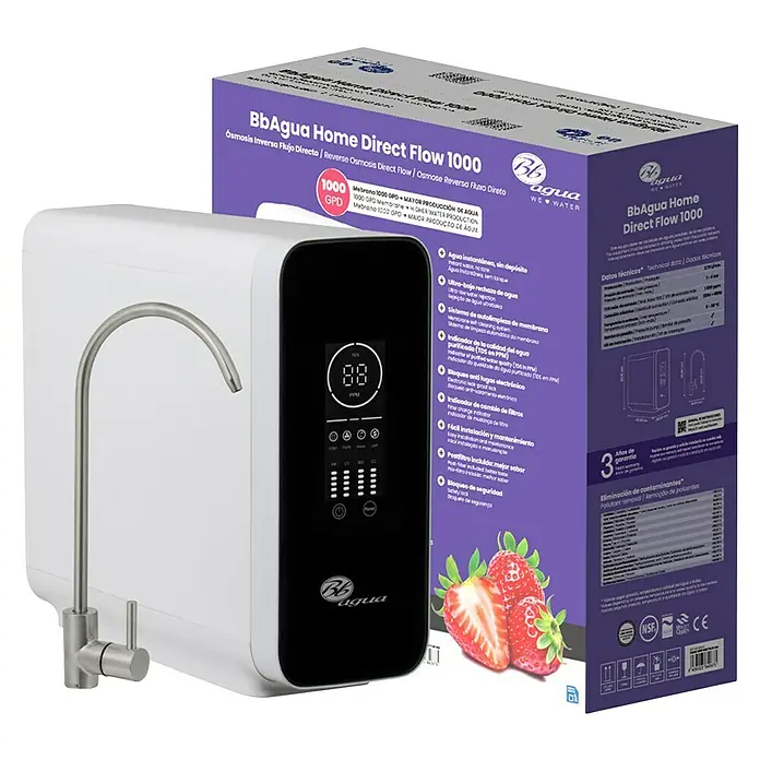 Bb agua Equipo de ósmosis inversa Direct Flow 1000 - Caudal: 2,75 l/min - Sistema de filtro de agua de ósmosis inversa de flujo directo blanco con grifo plateado, junto a su embalaje.