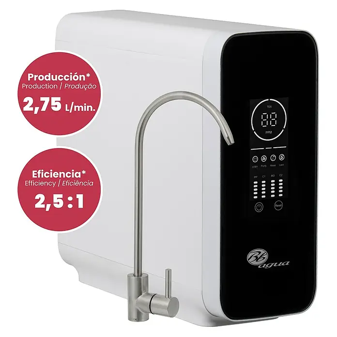 Bb agua Equipo de ósmosis inversa Direct Flow 1000 - Caudal: 2,75 l/min - Sistema de purificación de agua blanco de sobremesa con pantalla negra y grifo de acero inoxidable, mostrando 88 PPM.