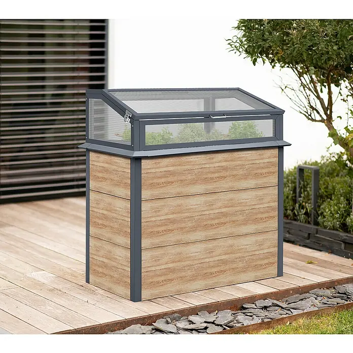 Westmann Hochbeet Primus Multi Plus M mit Frühbeetaufsatz - 50 x 100 x 113 cm, Metall, Braun/Anthrazit - Hochbeet mit hellen Holzoptik-Paneelen, dunkelgrauem Rahmen und transparentem Klappdeckel, im Außenbereich.