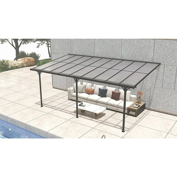 Westmann Terrassenüberdachung Bruce - L x B x H: 300 x 556 x 270 cm, Schwarz - Terrassenüberdachung mit schwarzem Rahmen und lichtdurchlässigen Paneelen, beschattet eine Pool-Lounge.