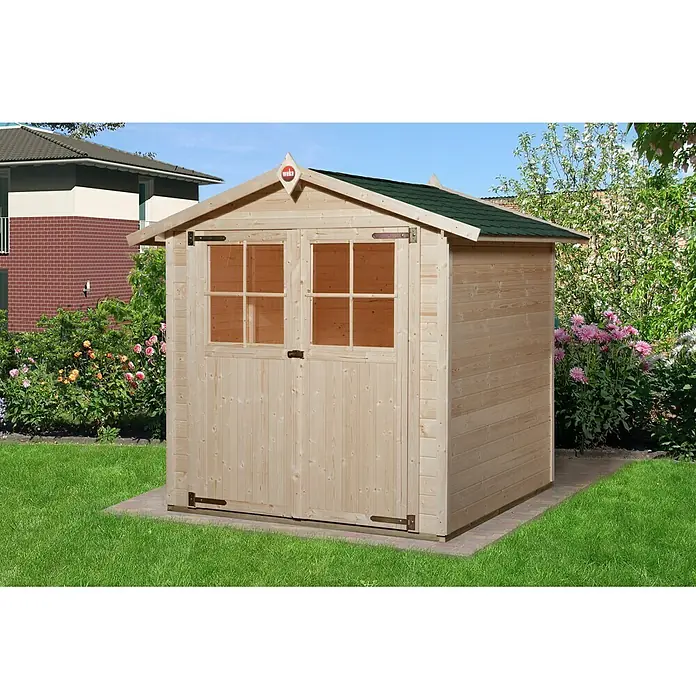Weka Gerätehaus Classic - Außenbreite inkl. Dachüberstand: 240 cm, Außentiefe inkl. Dachüberstand: 217 cm, Holz, Natur, 2,93 m² - Ein helles Holzgartenhaus mit Doppeltür und Fenstern unter einem grünen Dach, ideal für die Gartenaufbewahrung.