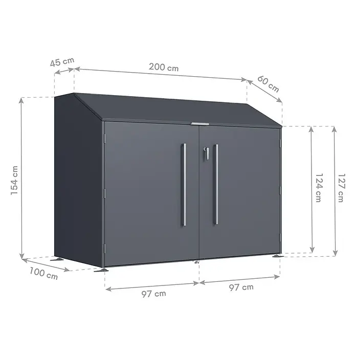 Westmann Fahrradgarage Linea - Anthrazit - Dunkelgrauer Outdoor-Schrank mit Doppeltüren und Schrägdach, Maße angezeigt.