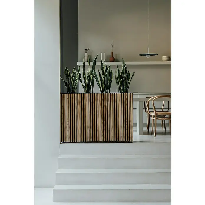 Herstera Garden Pflanzkasten Deco Planter - Außenmaß (L x B x H): 120 x 40 x 80 cm, Holz, Braun/Schwarz - Lattenholz-Pflanzgefäß mit Schlangenpflanzen auf modernen hellen Treppen.