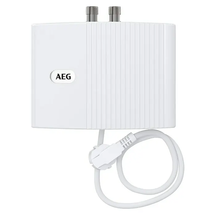 AEG Calentador de agua pequeño MTH 350 - 3,5 kW, Hidráulica, Abierto - Dispositivo electrónico AEG blanco con dos conectores metálicos roscados y un cable blanco enrollado.
