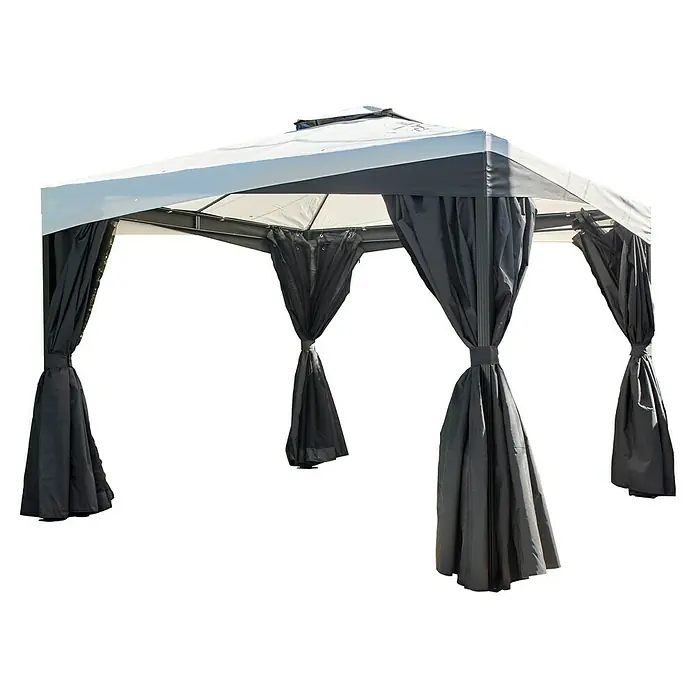 Sojag Standard-Pavillon Malta 1010 - L x B: 305 x 305 cm - Modernes weiß-graues Pavillon mit stilvollen, zurückgebundenen Vorhängen.