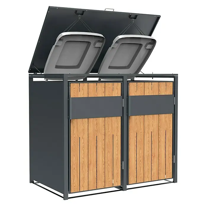 Westmann Mülltonnenbox Varius - Stahl, Anthrazit & Holzoptik, Geeignet für Anzahl Mülltonnen: 2 Stk. - Dunkelgrauer Metall-Mülltonnenbox mit hellen Holzpaneelen, mit zwei Fächern und offener Oberseite.