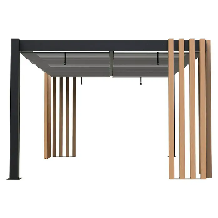 Sojag Pergola Lito 1012 - Schwarz, Grau, Metall, L x B x H: 378,5 x 302,3 x 234,5 cm - Moderne Pergola mit dunkelgrauem Metallrahmen, hellgrauem ausziehbaren Verdeck und hellen Holzlamellen.