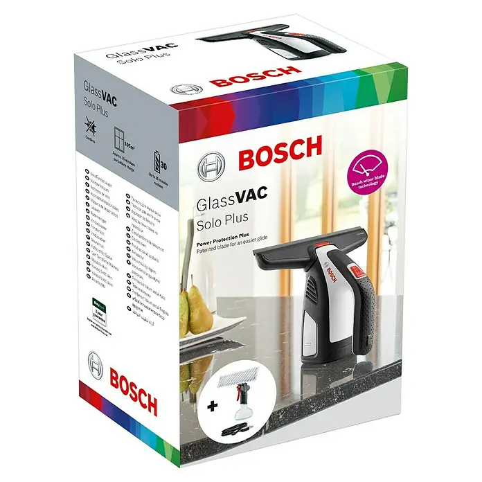 Akku-Fenstersauger - 3,6 V, 2 Ah, Behältervolumen: 100 ml - Bosch GlassVAC Solo Plus Akku-Fenstersauger in Schwarz/Weiß, in Verpackung mit Sprühflasche und Ladekabel.