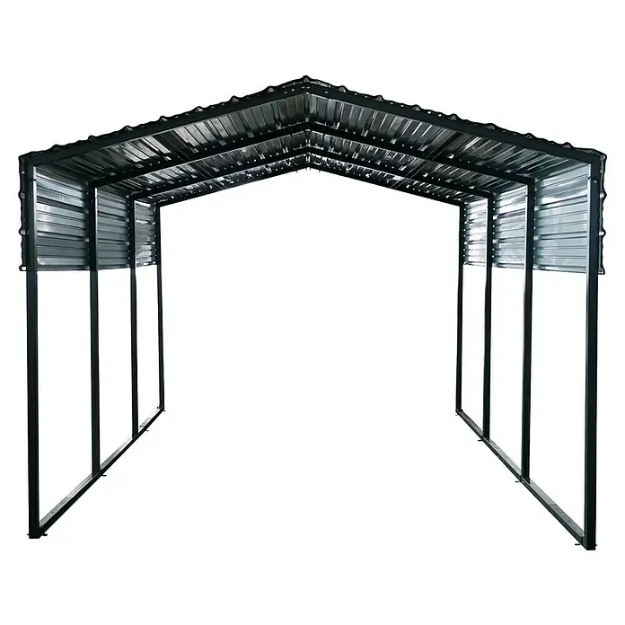 Westmann Carport Carport Kopenhagen S - Außenmaß inkl. Dachüberstand (B x T): 4,51 x 3,05 m, Einzelcarport, Grau - Carport mit schwarzem Metallrahmen, gewelltem silbernem Metalldach und teilweisen Seitenwänden.