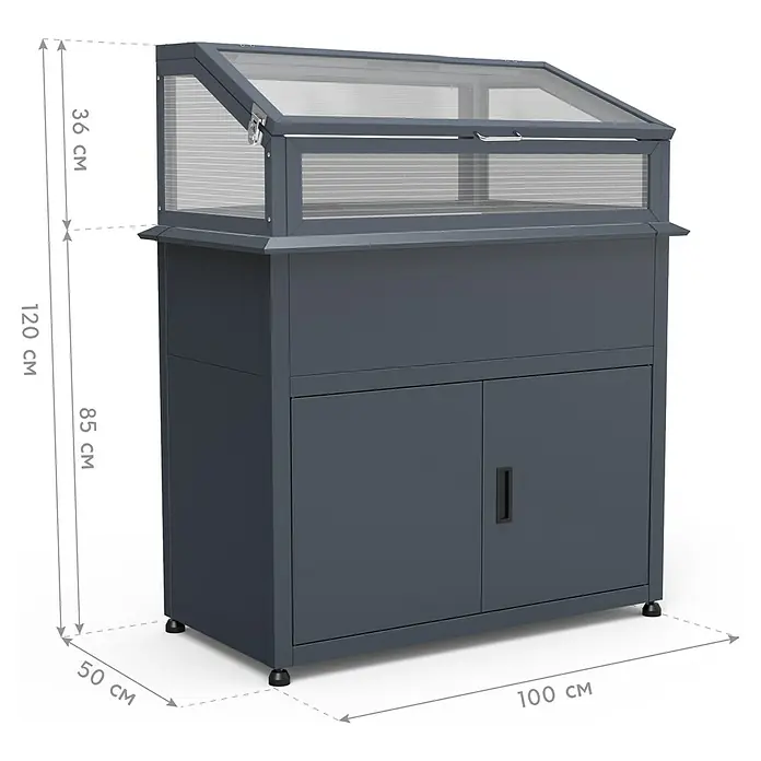 Westmann Hochbeet Plex Plus mit Frühbeetaufsatz - 50 x 100 x 120 cm, Metall, Anthrazit - Dunkelgraues Frühbeet mit schrägem Klappdeckel und Unterschrank mit zwei Türen, ideal für Garten und Aufbewahrung.