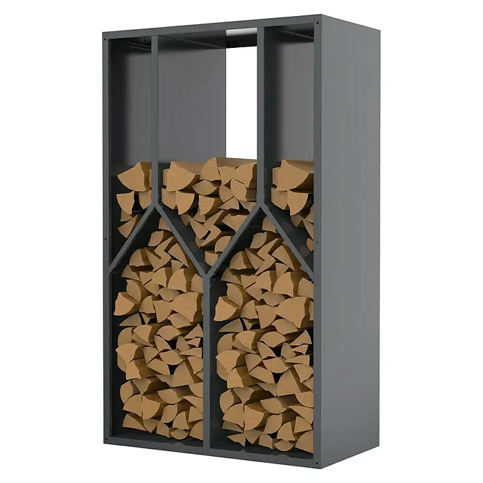 Westmann Kaminholzregal - 50 x 95 x 160 cm, Stahl, Anthrazit, Castra B - Hohes, dunkelgraues Metall-Brennholzregal mit Zickzack-Fächern, gefüllt mit gestapelten Holzscheiten.