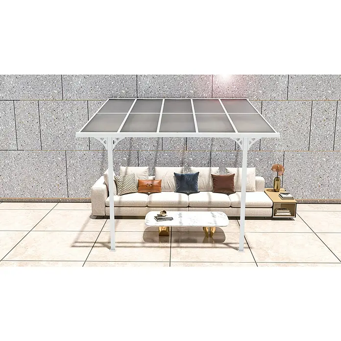 Westmann Terrassenüberdachung Bruce - Metall, Weiß, L x B x H: 300 x 313 x 270 mm - Weißer Pavillon mit grauem, durchscheinendem Dach, spendet Schatten über einer Outdoor-Sitzgruppe.