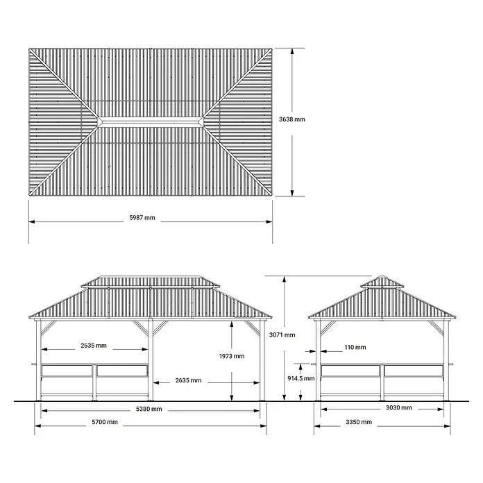 Sojag Standard-Pavillon Bondi 1220 - Schwarz, Metall, L x B x H: 598,7 x 363,8 x 307 cm - Technische Zeichnung eines rechteckigen Gartenpavillons mit mehrstufigem Walmdach und detaillierten Abmessungen.