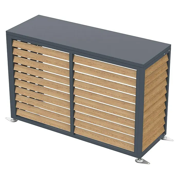 Westmann Verkleidung Boxa M - Ausführungseigenschaft: L 140 x B 56 x H 97 cm, Anthrazit mit Holzoptik - Rechteckige dunkelgraue Outdoor-Verkleidung mit hellen Holzlamellen und verstellbaren Füßen.