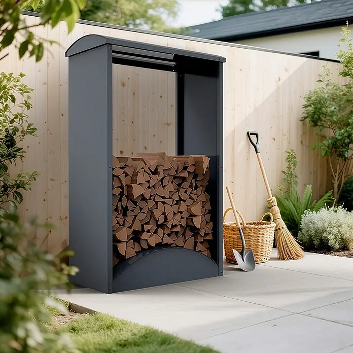 Westmann Kaminholzregal - 52 x 98 x 160 cm, Stahl, Anthrazit, Castra A - Dunkelgraues Metall-Brennholzlagerregal mit Holz gefüllt, auf einer Terrasse neben einem Zaun.