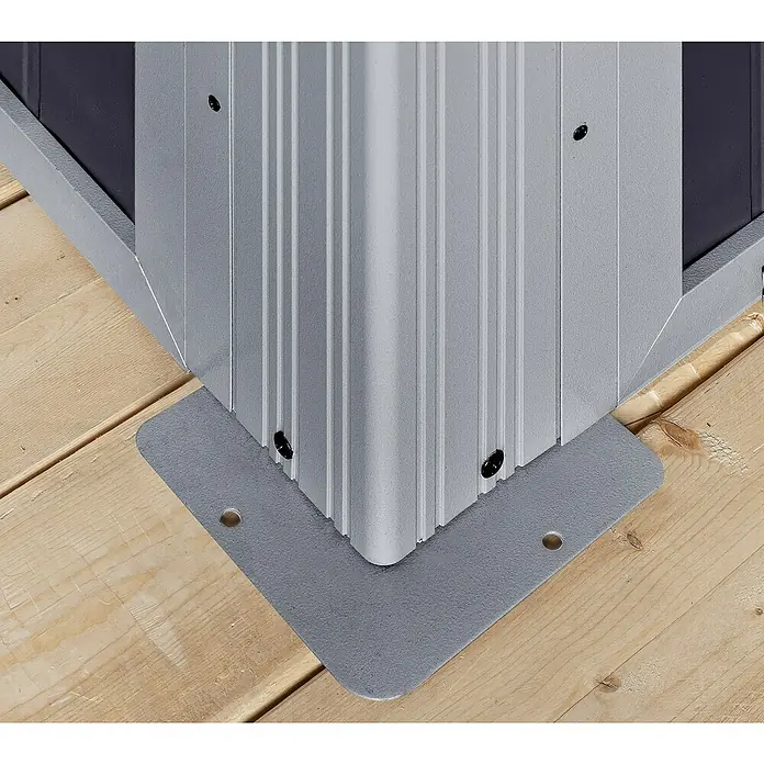 Sojag Standard-Pavillon Olan 1017 - Grau, Schwarz, Metall, L x B x H: 310 x 529,5 x 291 cm - Graue Metallecke einer Struktur mit Rillenpaneelen, mit grauer Grundplatte auf Holzterrasse befestigt.