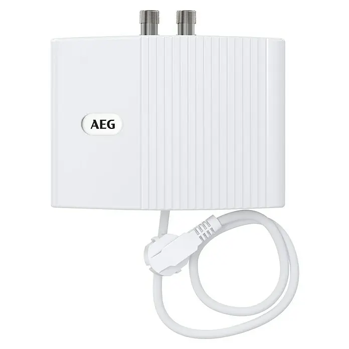AEG Calentador de agua pequeño MTD 350 - 3,53 kW, Hidráulica, Se puede cerrar - Unidad AEG rectangular blanca con dos conectores metálicos y un cable de alimentación enrollado.