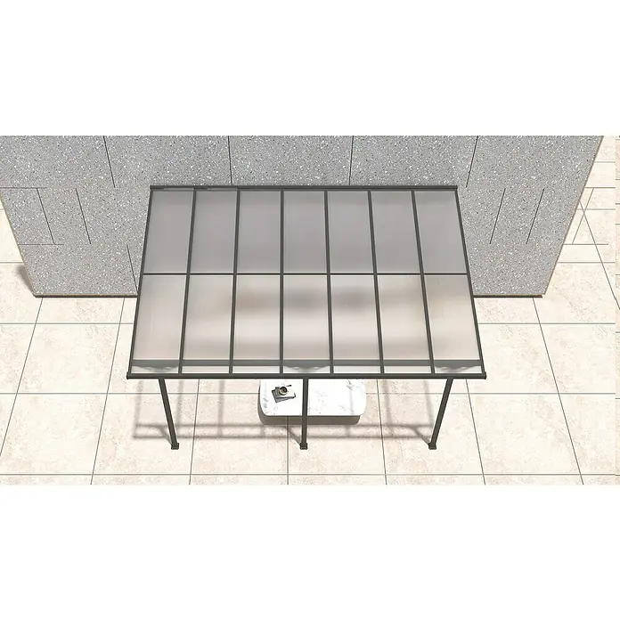 Westmann Terrassenüberdachung Bruce - L x B x H: 300 x 435 x 270 cm, Schwarz - Ansicht von oben: Vordach mit dunklem Metallrahmen und transluzenter Rippenbedachung, über einem kleinen weißen Tisch.