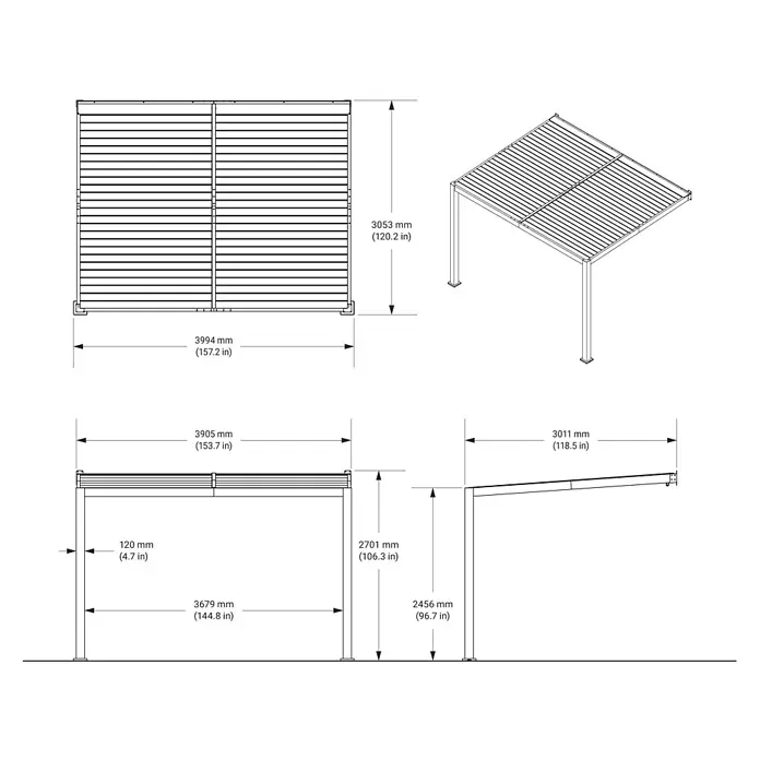 Sojag Terrassenüberdachung Hana - Metall, Schwarz, L x B x H: 305,3 x 399,4 x 270,1 cm - Technische Zeichnung einer rechteckigen Pergola mit Draufsicht, Vorderansicht, Seitenansicht und Isometrie sowie detaillierten Maßen.