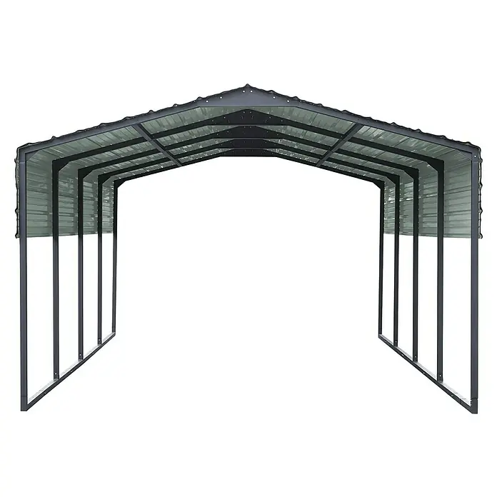 Westmann Carport Carport Kopenhagen M - Außenmaß inkl. Dachüberstand (B x T): 3,66 x 5,96 m, Einzelcarport, Grau - Dunkelgrauer Metall-Carport mit hellgrauem Wellblechdach und partiellen Seitenwänden, bietet offenen Schutz.
