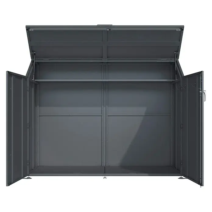 Westmann Fahrradgarage Linea - Anthrazit - Offene, dunkelgraue Metall-Gartentruhe mit Gasfedern und Innenablagen.