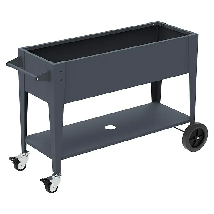 Westmann Hochbeet Mobila Plus - 50 x 118 x 80 cm, Metall, Anthrazit - Grauer Metall-Pflanzkübel auf Rollen mit rechteckigem Oberkasten und unterer Ablagefläche.