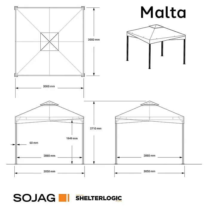 Sojag Standard-Pavillon Malta 1010 - L x B: 305 x 305 cm - Technische Zeichnung des Malta Pavillons mit Draufsicht, Seitenansichten und Maßen.