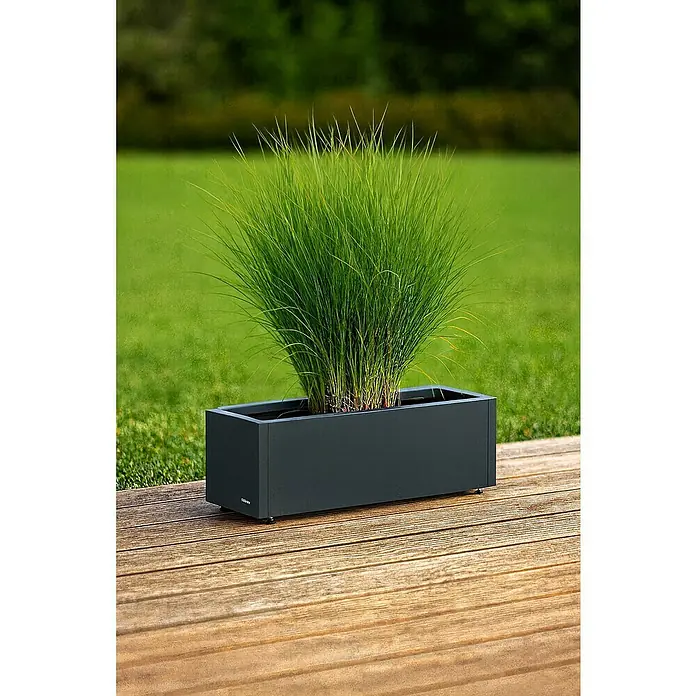 Herstera Garden Pflanzkasten Cube - Außenmaß (L x B x H): 80 x 25 x 25 cm, Metall, Anthrazit - Anthrazitfarbenes rechteckiges Metallpflanzgefäß mit grünem Ziergras auf Holzterrasse.