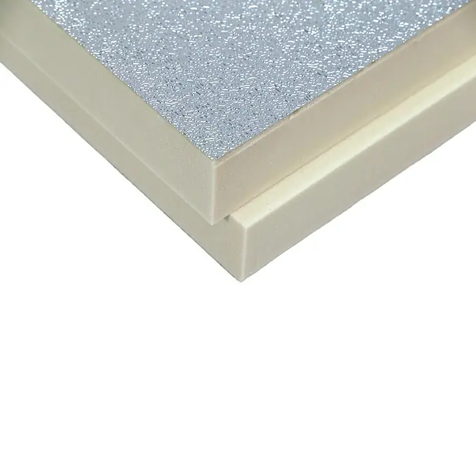 Bachl Dämmplatte PUR/PIR ALU - Fußboden - Stärke: 25 mm, PU-Schaum, 0,023 W/(mK) - Gestapelte Dämmplatten mit beigefarbenem Schaum und reflektierender Silberfolienbeschichtung.