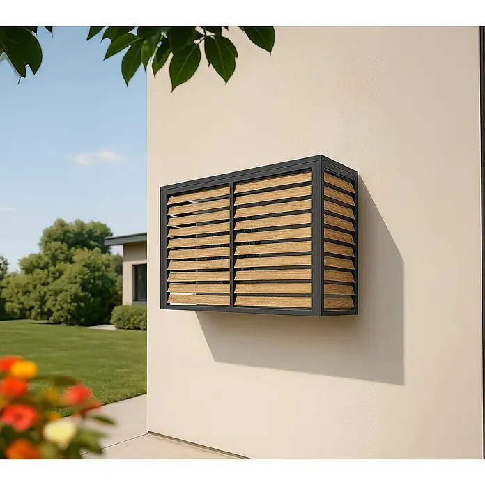 Westmann Verkleidung Boxa M - Ausführungseigenschaft: L 140 x B 56 x H 97 cm, Anthrazit mit Holzoptik - Außenverkleidung für Klimaanlage mit schwarzem Metallrahmen und hellen Holzlamellen, an Hauswand im Garten montiert.
