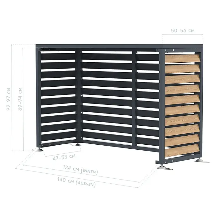 Westmann Verkleidung Boxa M - Ausführungseigenschaft: L 140 x B 56 x H 97 cm, Anthrazit mit Holzoptik - Dunkelgraue Lamellenverkleidung aus Metall mit Holzdekor-Akzent und verstellbaren Füßen, zeigt Maße für Sichtschutz oder Mülltonnenbox.
