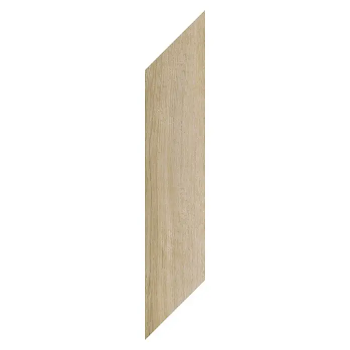 Vinylboden SPC Herringbone - Tucson Eiche, Fischgrät, 148 x 592 x 4,5 mm - Hellbraune Holzplatte mit vertikaler Maserung.