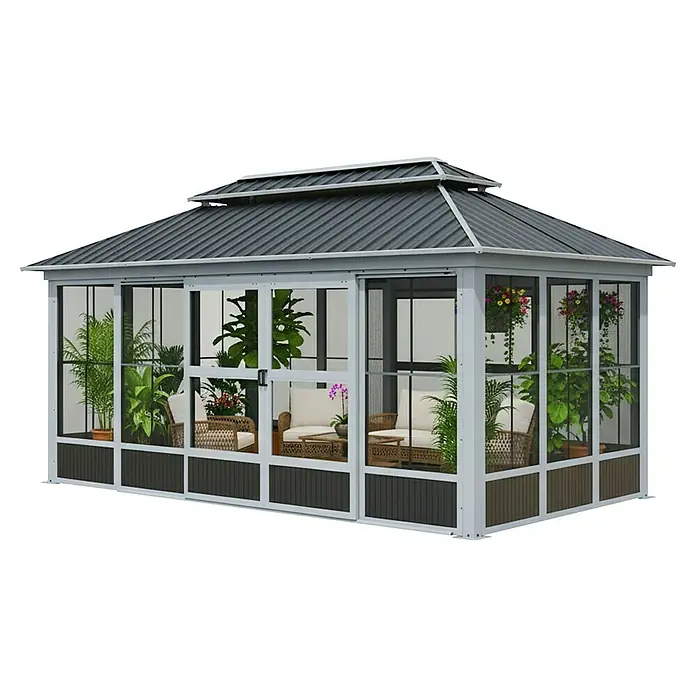 Sojag Standard-Pavillon Olan 1017 - Grau, Schwarz, Metall, L x B x H: 310 x 529,5 x 291 cm - Graues und weißes geschlossenes Gartenhaus mit Pflanzen und Gartenmöbeln.