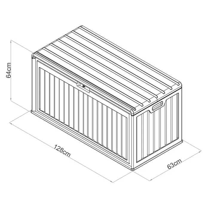 Westmann Kissenbox Alba - 63 x 128 x 64 cm, Kunststoff, Beige - Strichzeichnung einer rechteckigen Outdoor-Aufbewahrungsbox mit geripptem Deckel und vertikaler Verkleidung, 128x63x64cm.