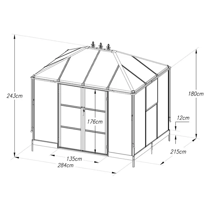 Westmann Gewächshaus Suprema M - Außenbreite inkl. Dachüberstand: 284 cm, Schwarz - Technische Zeichnung eines Gewächshauses (284x215x243cm) mit Metallrahmen und transparenten Platten, mit verschiedenen Maßen.