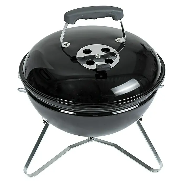 Kingstone Kugelgrill Cutie Pie - Durchmesser Grillfläche: 37 cm, Schwarz - Ein kompakter, runder Holzkohlegrill in Schwarz mit silberfarbenen Beinen und einem Deckel mit Griff für einfaches Grillen im Freien.