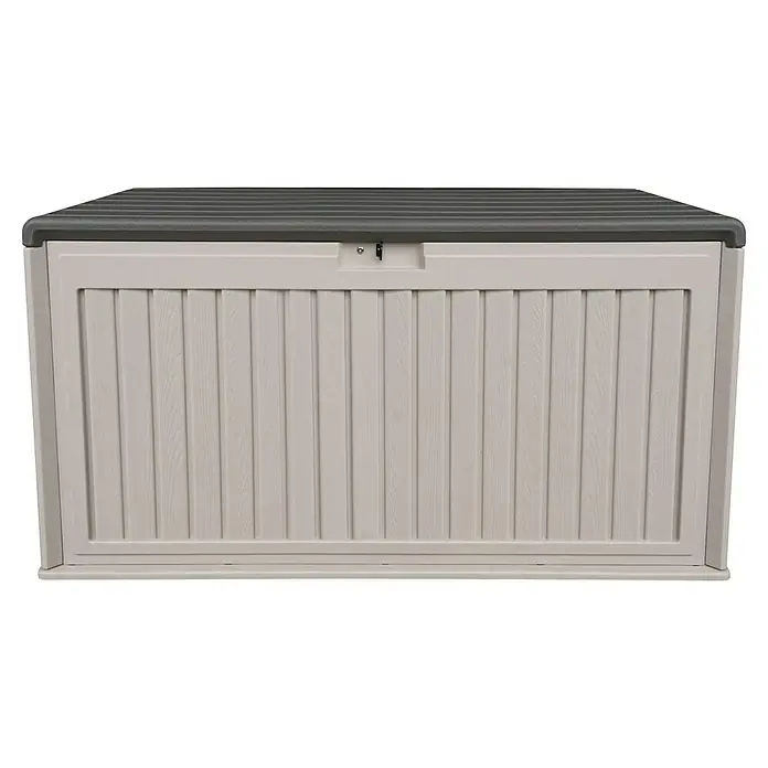 Westmann Kissenbox Alba - 63 x 128 x 64 cm, Kunststoff, Beige - Zweifarbige Kunststoff-Gartenbox in Hellbeige mit dunkelgrauem Riffeldeckel und Schloss.