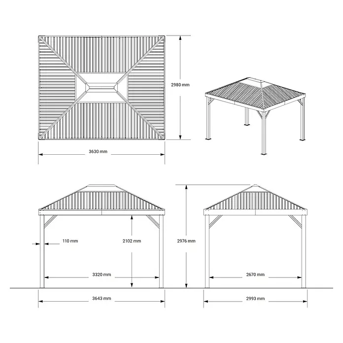 Sojag Standard-Pavillon Kiruna 1012 - Anthrazit, Metall, L x B x H: 299,3 x 364,3 x 297,6 cm - Technische Zeichnung eines rechteckigen Pavillons mit Draufsicht, isometrischer und Seitenansichten inklusive Maßen.