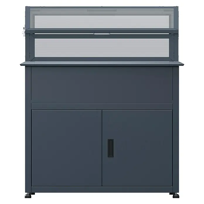 Westmann Hochbeet Plex Plus mit Frühbeetaufsatz - 50 x 100 x 120 cm, Metall, Anthrazit - Dunkelgrauer Metall-Vitrinenschrank mit transparenter oberer Ablage, zentralem Griff und zwei unteren Türen, eine davon mit Griffmulde.
