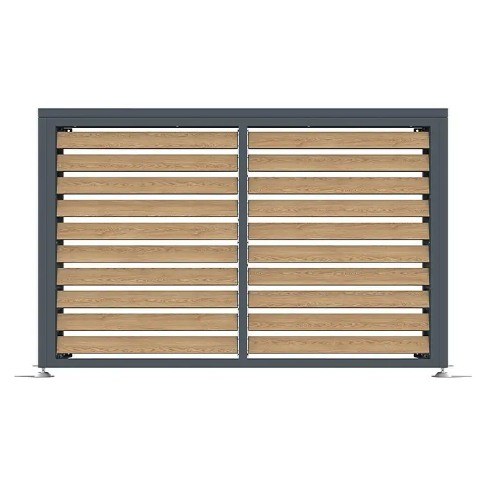 Westmann Verkleidung Boxa M - Ausführungseigenschaft: L 140 x B 56 x H 97 cm, Anthrazit mit Holzoptik - Zweiteiliger moderner Sichtschutzzaun mit grauem Metallrahmen und horizontalen hellen Holzlamellen.